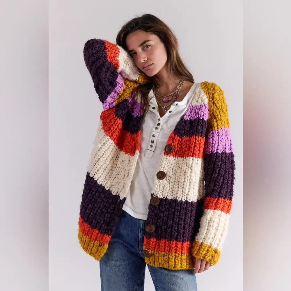 Free People Myles Stripe Chunky Knit Cardi